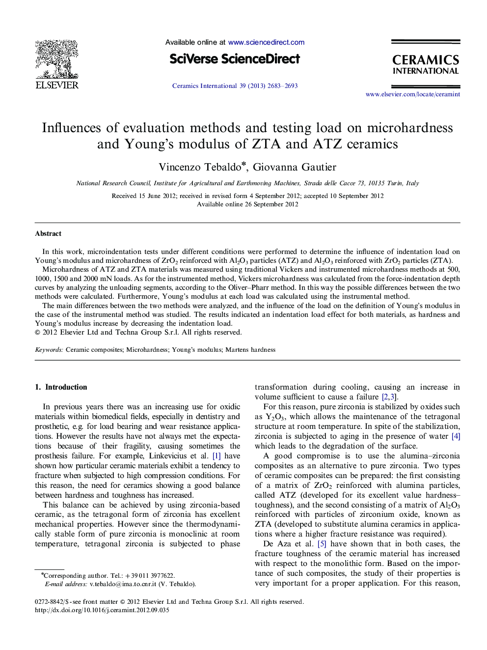 Influences of evaluation methods and testing load on microhardness and Young's modulus of ZTA and ATZ ceramics