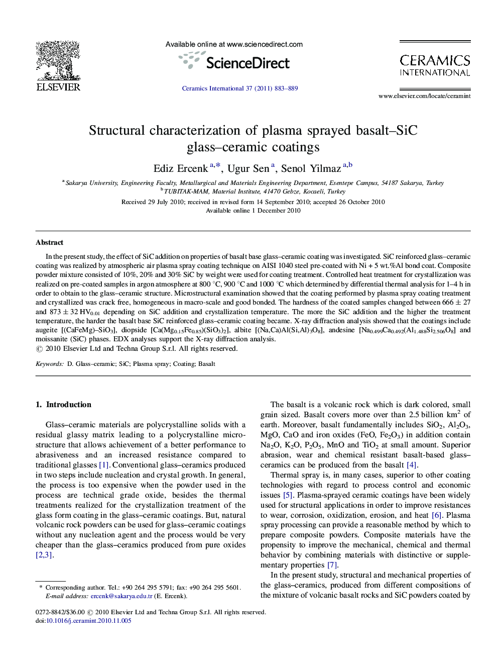 Structural characterization of plasma sprayed basalt-SiC glass-ceramic coatings