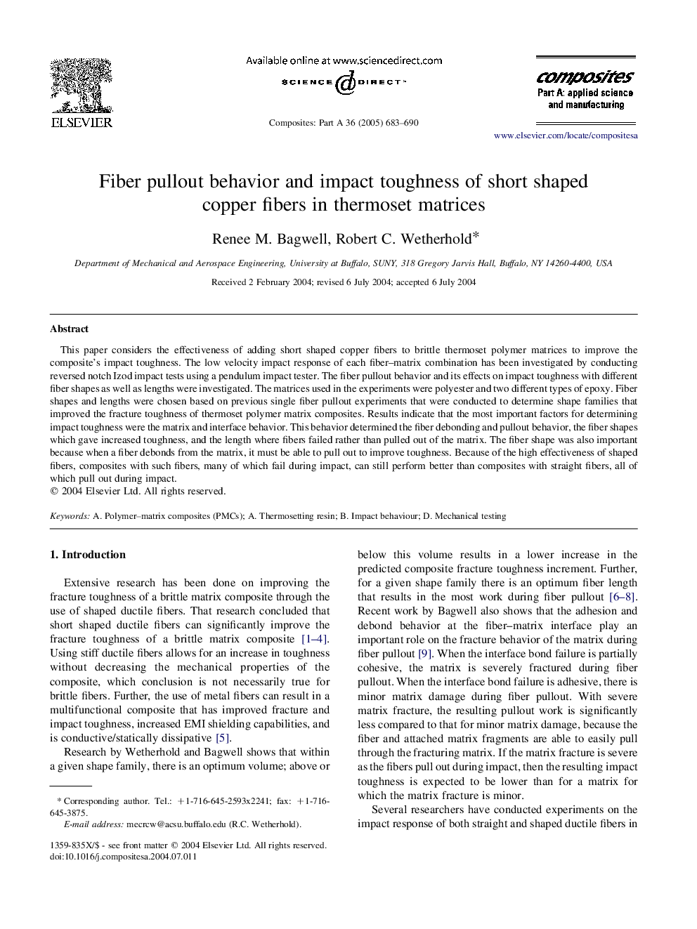 Fiber pullout behavior and impact toughness of short shaped copper fibers in thermoset matrices