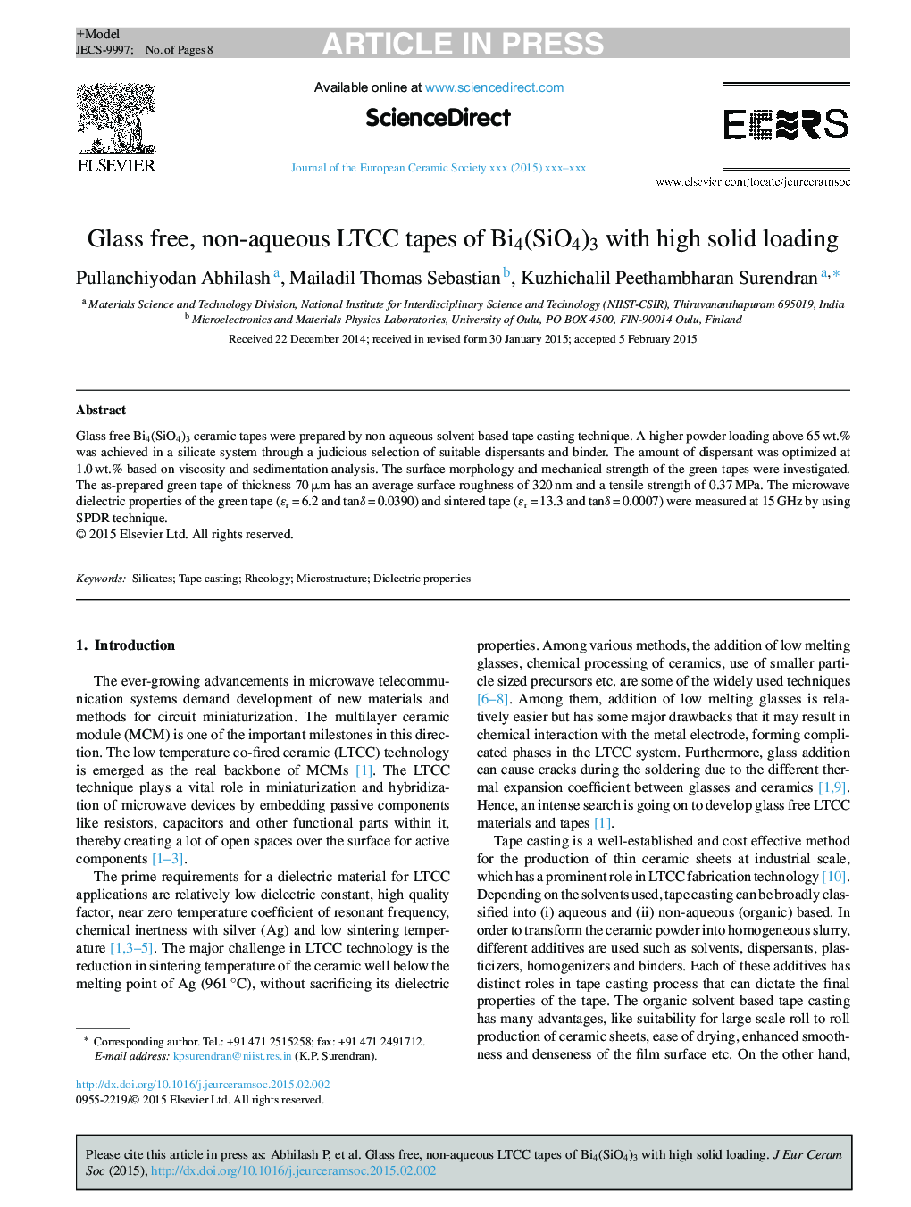 Glass free, non-aqueous LTCC tapes of Bi4(SiO4)3 with high solid loading