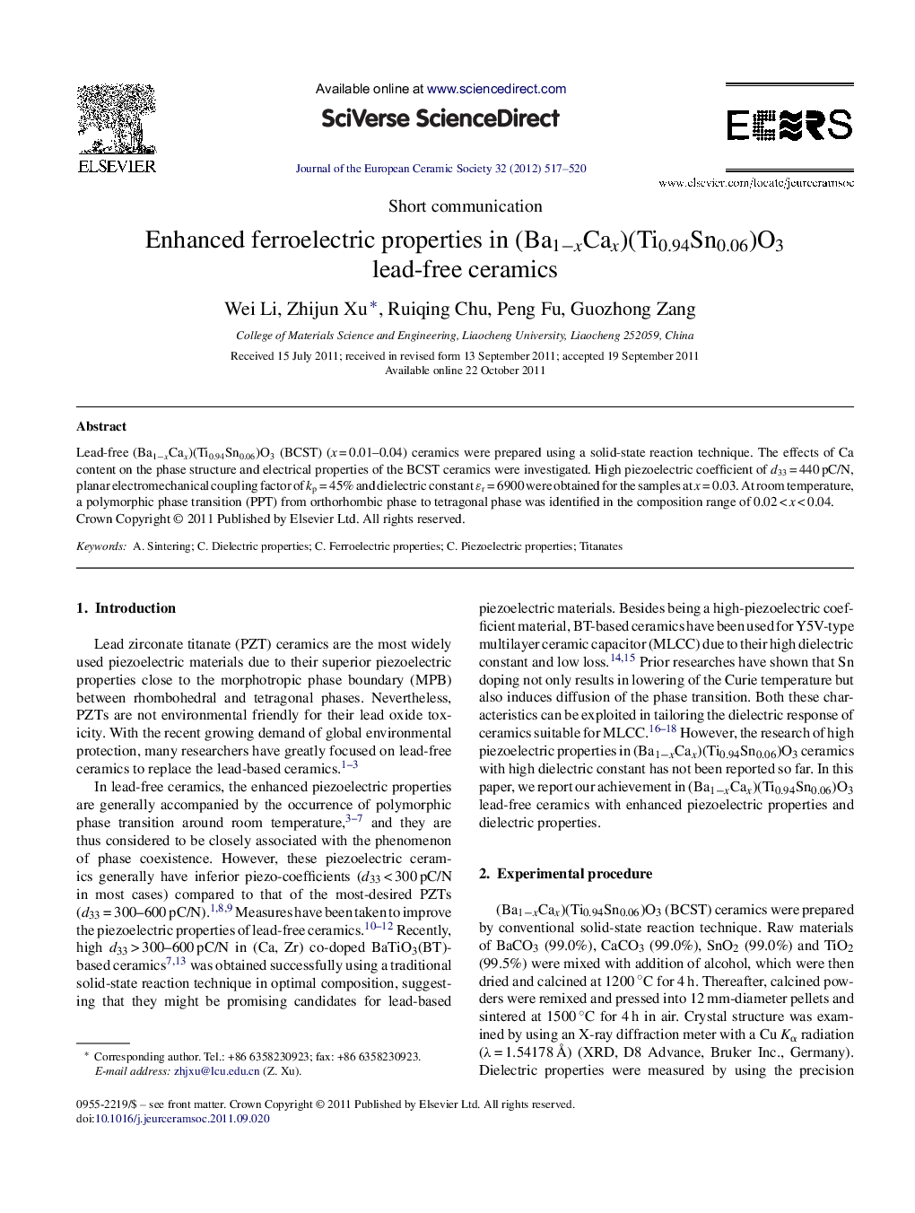 Enhanced ferroelectric properties in (Ba1âxCax)(Ti0.94Sn0.06)O3 lead-free ceramics