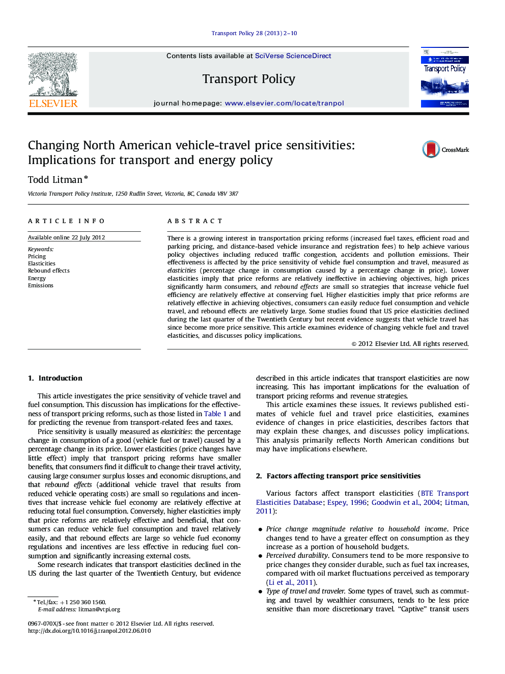 Changing North American vehicle-travel price sensitivities: Implications for transport and energy policy