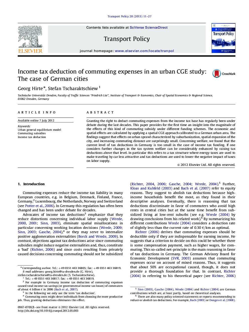 Income tax deduction of commuting expenses in an urban CGE study: The case of German cities