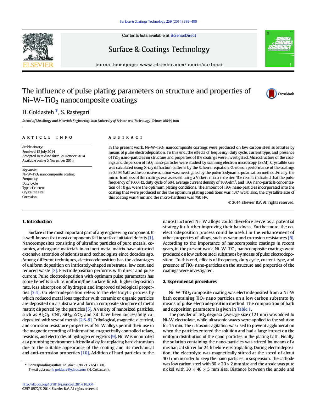 The influence of pulse plating parameters on structure and properties of Ni-W-TiO2 nanocomposite coatings