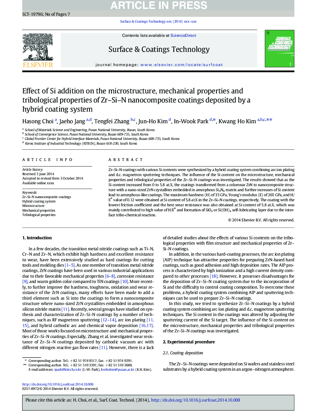 Effect of Si addition on the microstructure, mechanical properties and tribological properties of Zr-Si-N nanocomposite coatings deposited by a hybrid coating system