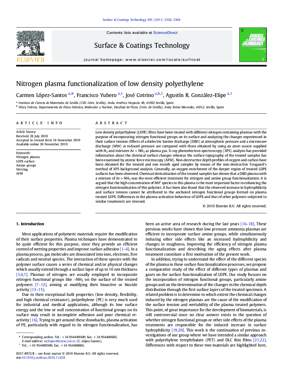 Nitrogen plasma functionalization of low density polyethylene