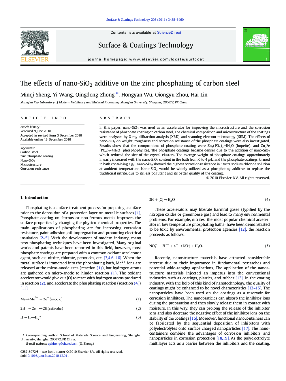 The effects of nano-SiO2 additive on the zinc phosphating of carbon steel