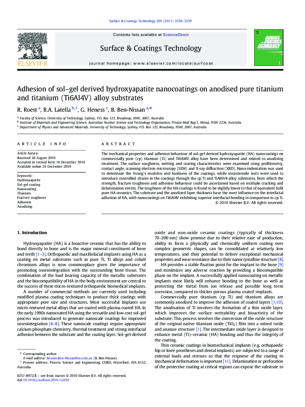 Adhesion of sol-gel derived hydroxyapatite nanocoatings on anodised pure titanium and titanium (Ti6Al4V) alloy substrates