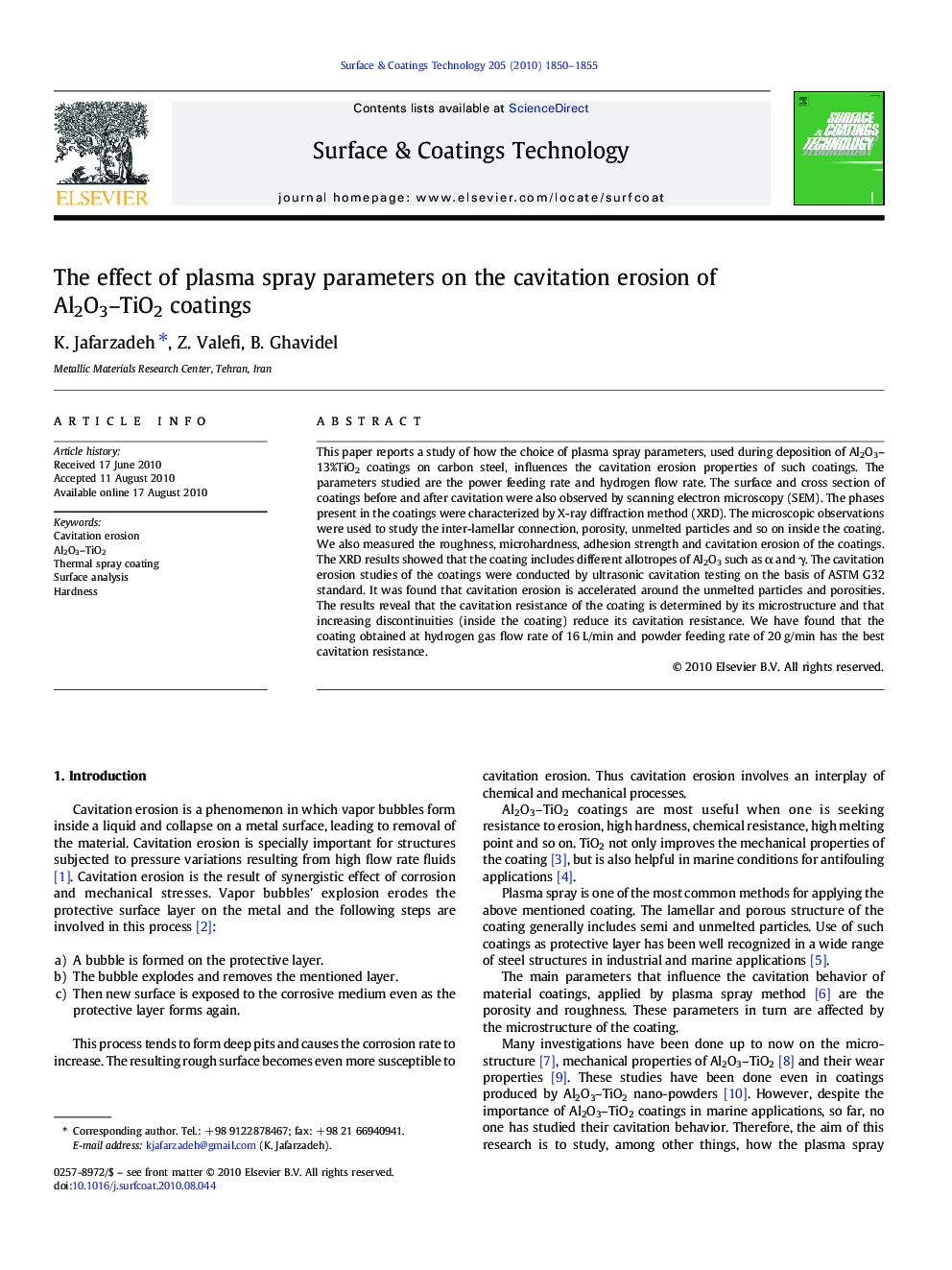 The effect of plasma spray parameters on the cavitation erosion of Al2O3-TiO2 coatings