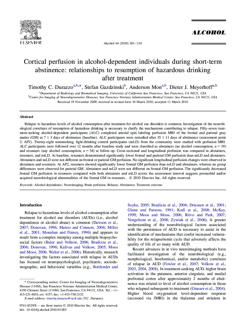 Cortical perfusion in alcohol-dependent individuals during short-term abstinence: relationships to resumption of hazardous drinking after treatment