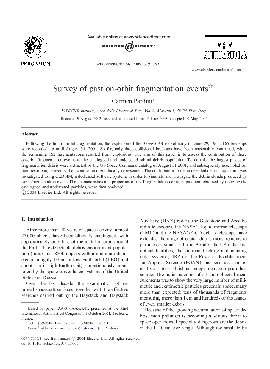 Survey of past on-orbit fragmentation events