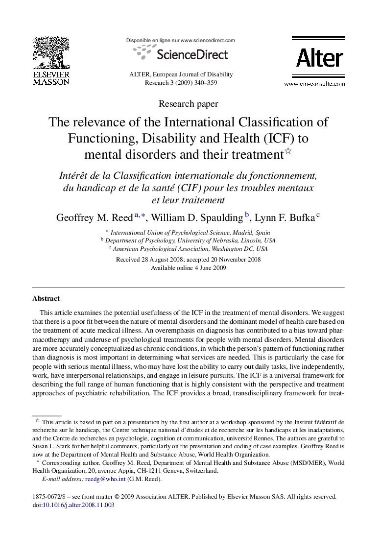 The relevance of the International Classification of Functioning, Disability and Health (ICF) to mental disorders and their treatment 