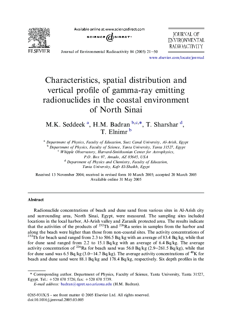 Characteristics, spatial distribution and vertical profile of gamma-ray emitting radionuclides in the coastal environment of North Sinai