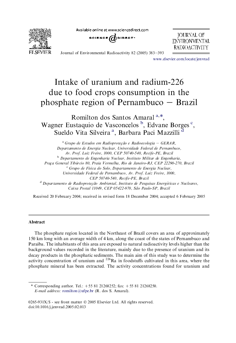 Intake of uranium and radium-226 due to food crops consumption in the phosphate region of Pernambuco - Brazil