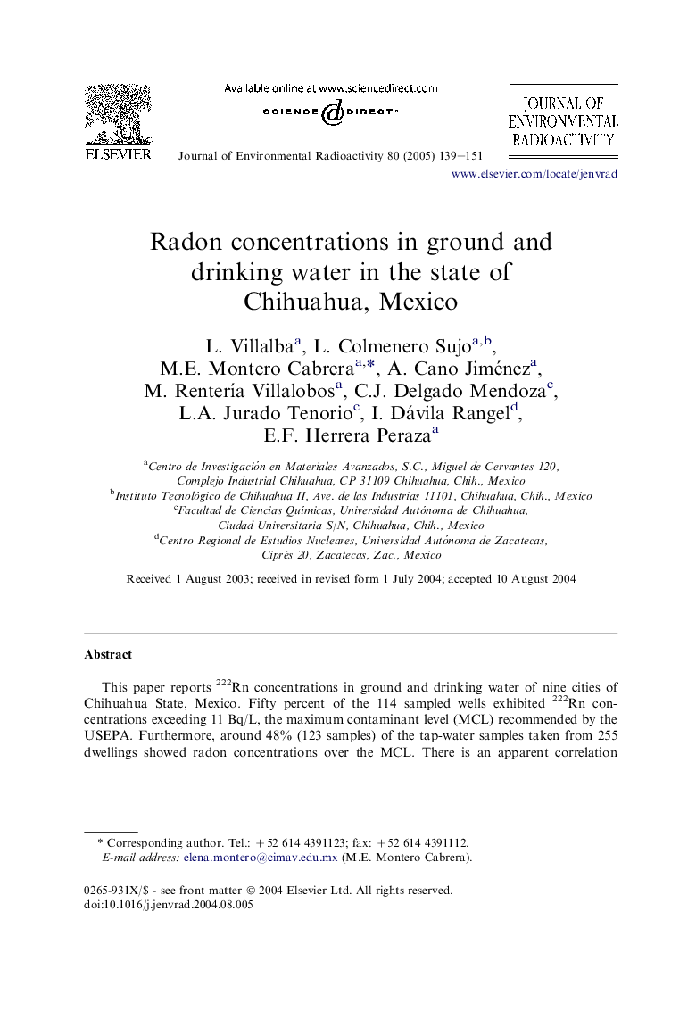 Radon concentrations in ground and drinking water in the state of Chihuahua, Mexico