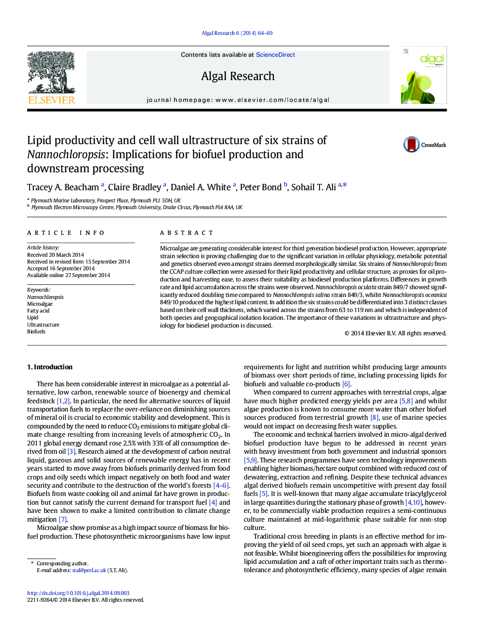 Lipid productivity and cell wall ultrastructure of six strains of Nannochloropsis: Implications for biofuel production and downstream processing