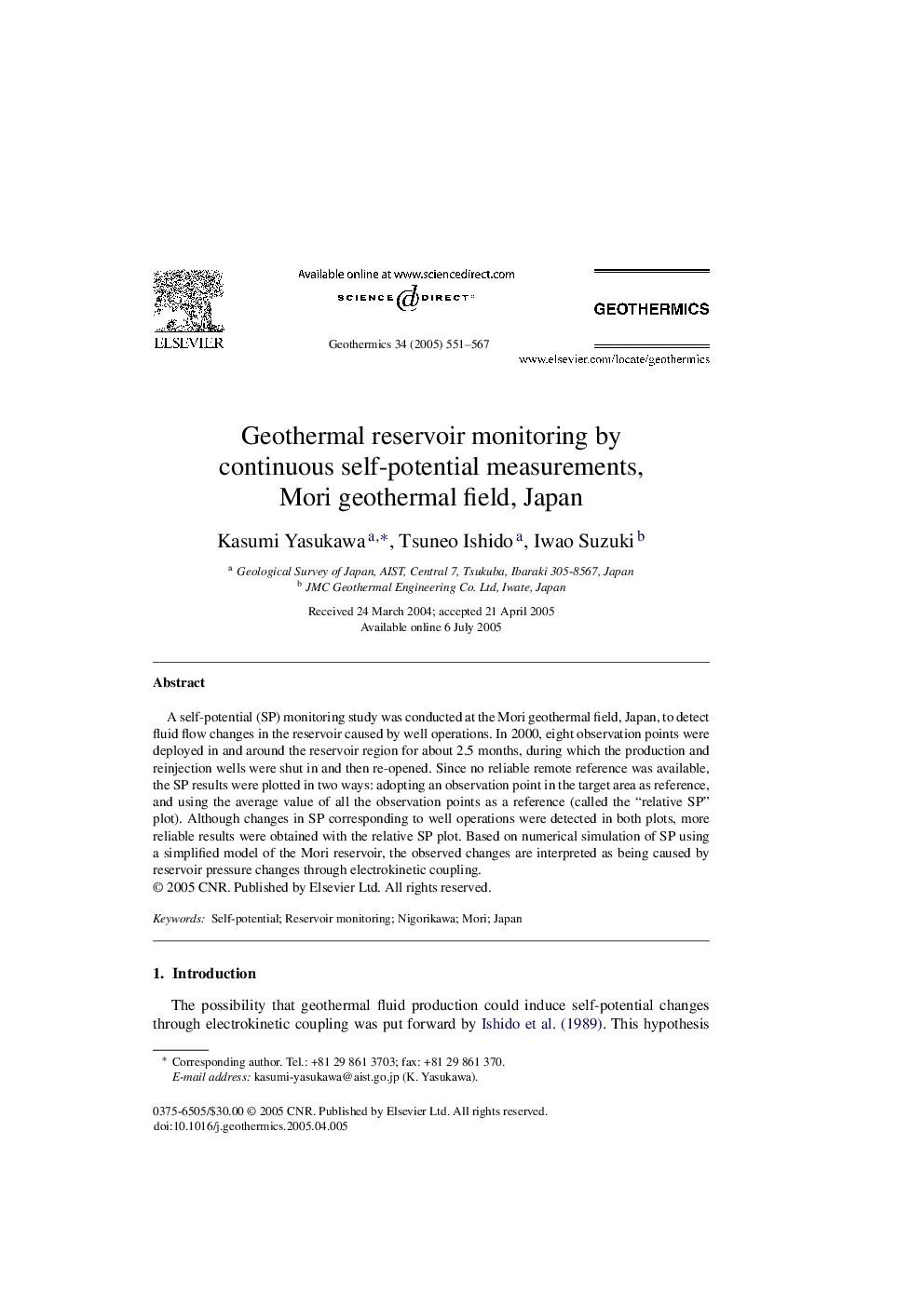 Geothermal reservoir monitoring by continuous self-potential measurements, Mori geothermal field, Japan