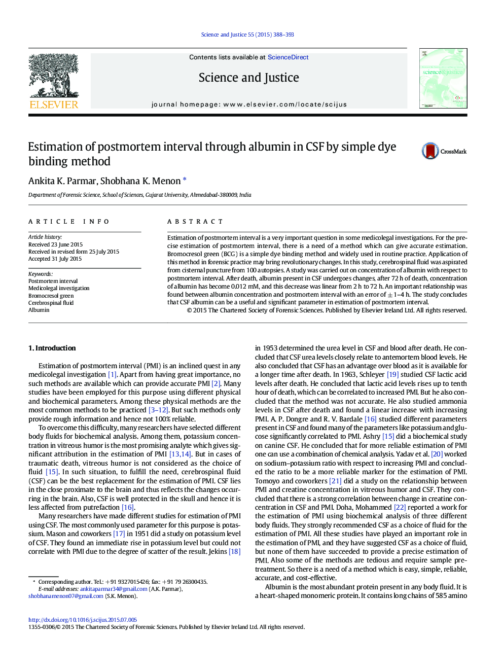 Estimation of postmortem interval through albumin in CSF by simple dye binding method