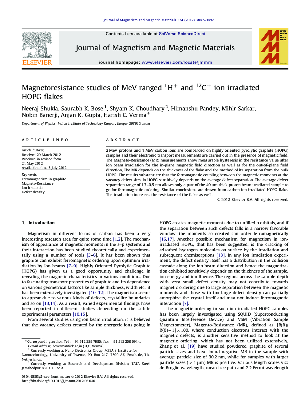Magnetoresistance studies of MeV ranged 1H+ and 12C+ ion irradiated HOPG flakes