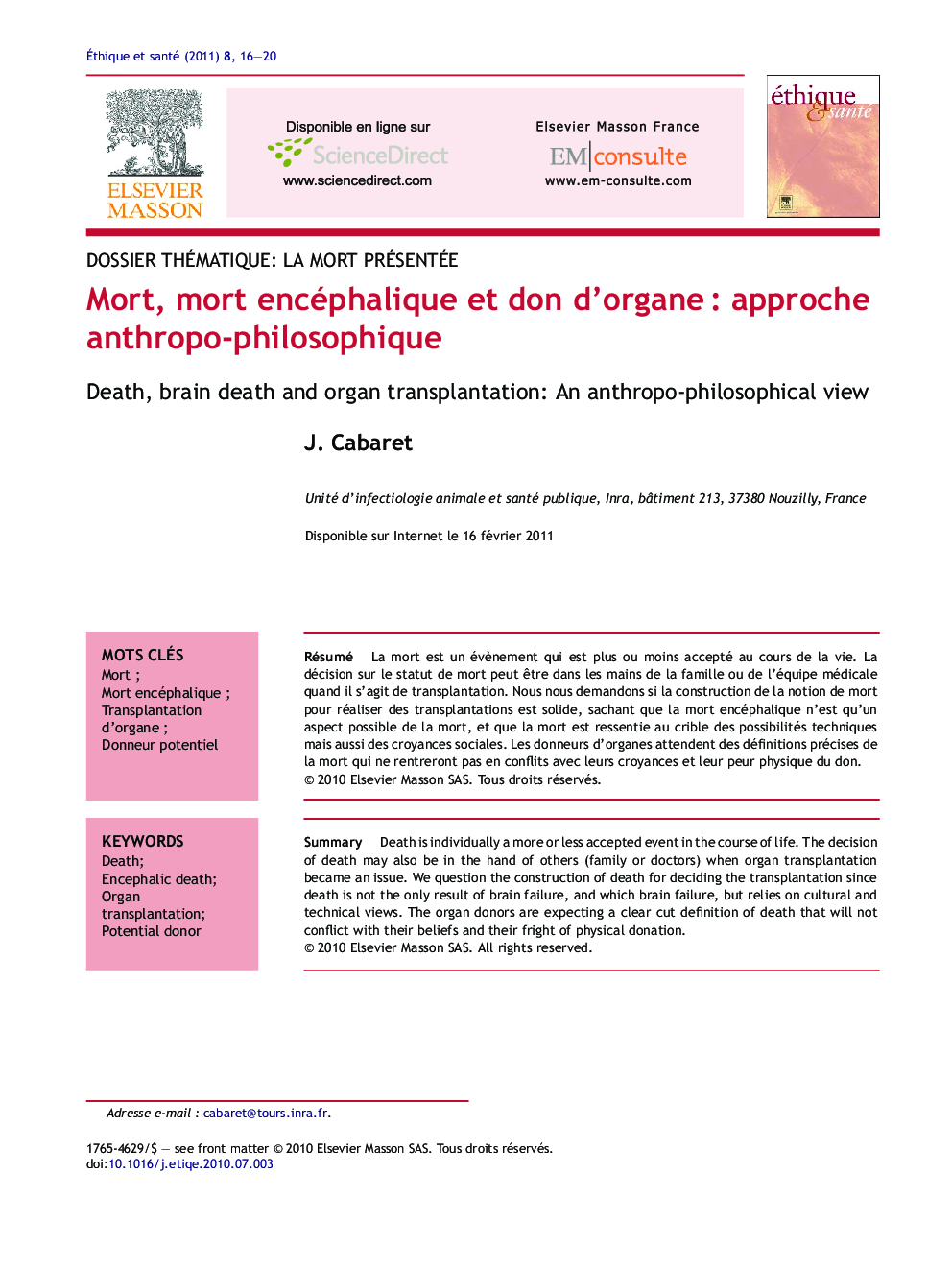 Mort, mort encéphalique et don d'organeÂ : approche anthropo-philosophique