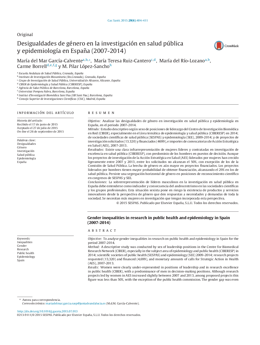 Desigualdades de género en la investigación en salud pública y epidemiología en España (2007-2014)