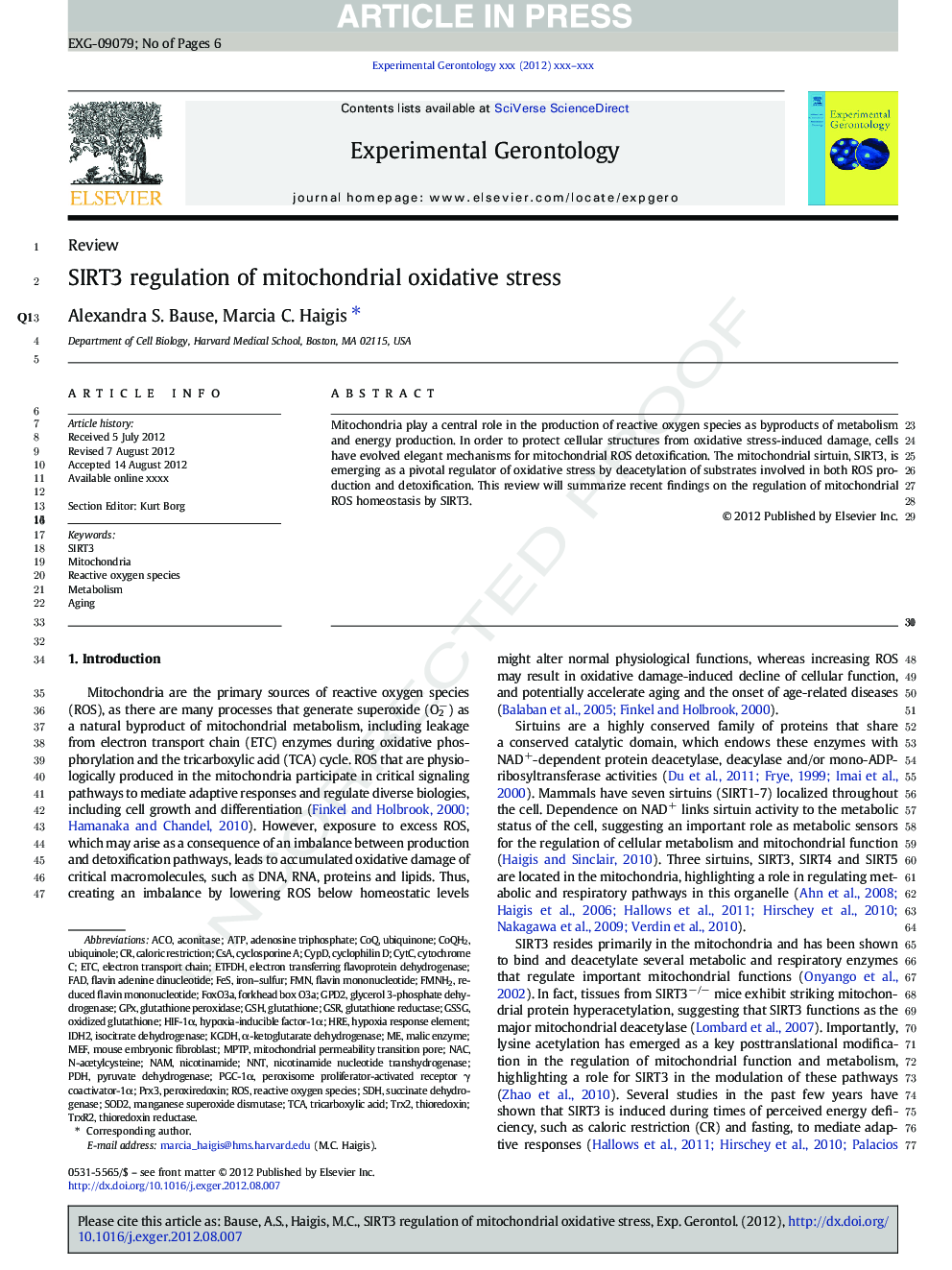 SIRT3 regulation of mitochondrial oxidative stress