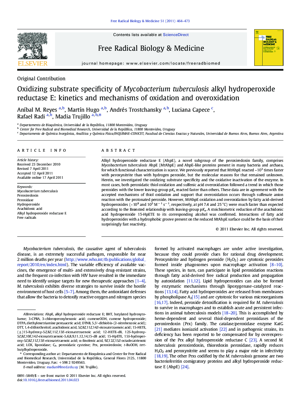 Oxidizing substrate specificity of Mycobacterium tuberculosis alkyl hydroperoxide reductase E: kinetics and mechanisms of oxidation and overoxidation