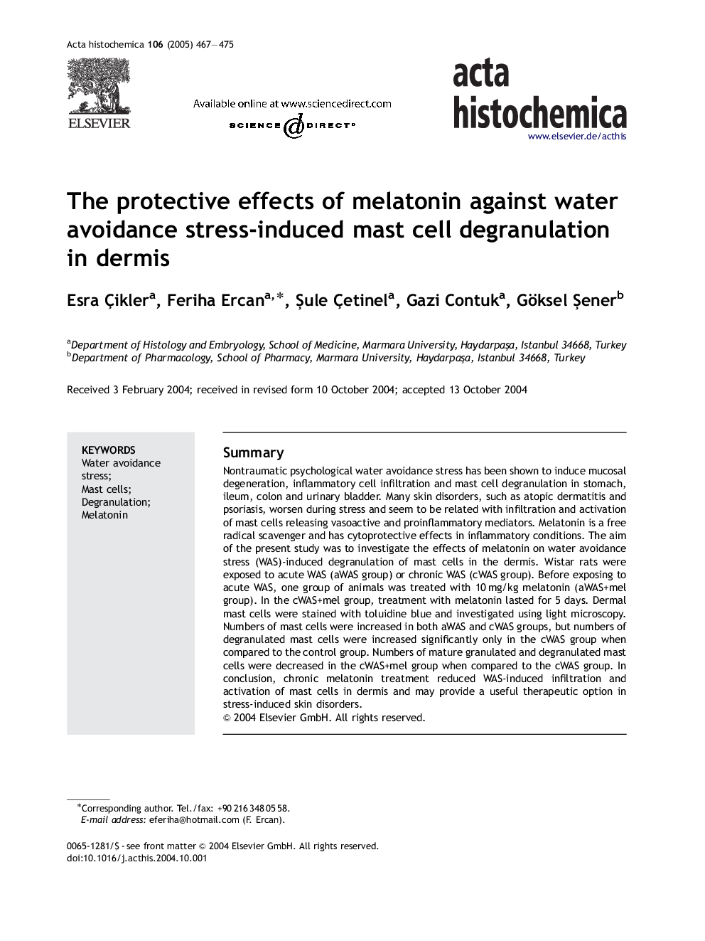 The protective effects of melatonin against water avoidance stress-induced mast cell degranulation in dermis