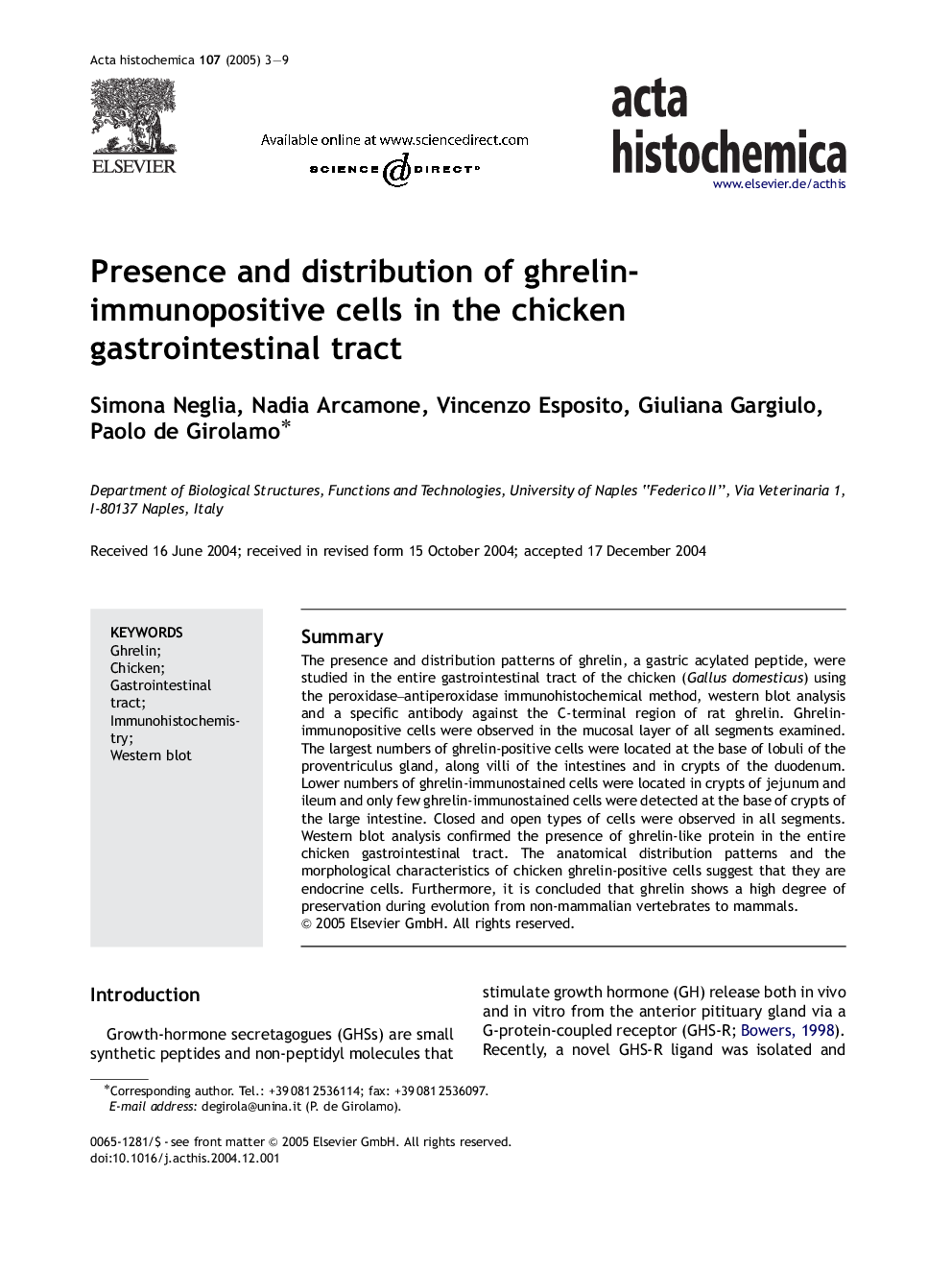 Presence and distribution of ghrelin-immunopositive cells in the chicken gastrointestinal tract