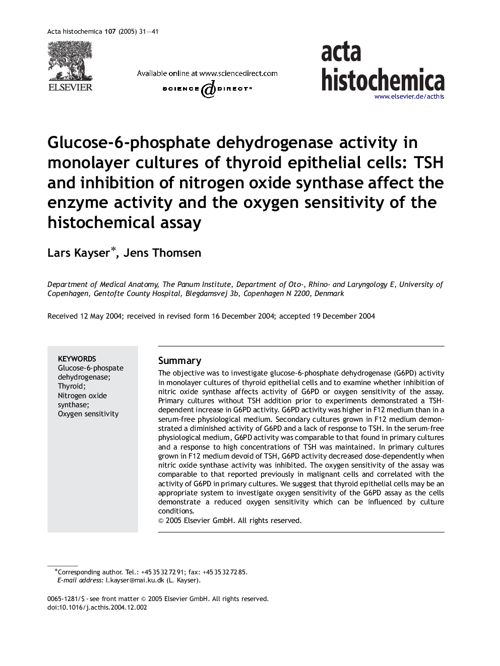 Glucose-6-phosphate dehydrogenase activity in monolayer cultures of thyroid epithelial cells: TSH and inhibition of nitrogen oxide synthase affect the enzyme activity and the oxygen sensitivity of the histochemical assay