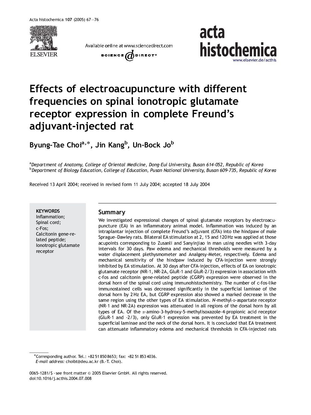 Effects of electroacupuncture with different frequencies on spinal ionotropic glutamate receptor expression in complete Freund's adjuvant-injected rat