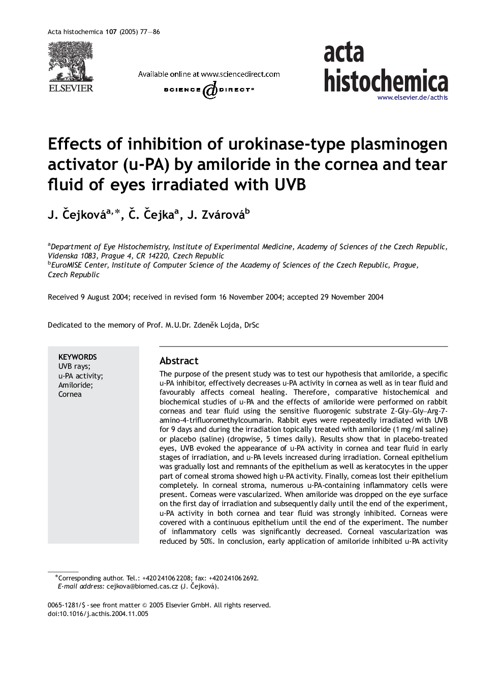 Effects of inhibition of urokinase-type plasminogen activator (u-PA) by amiloride in the cornea and tear fluid of eyes irradiated with UVB