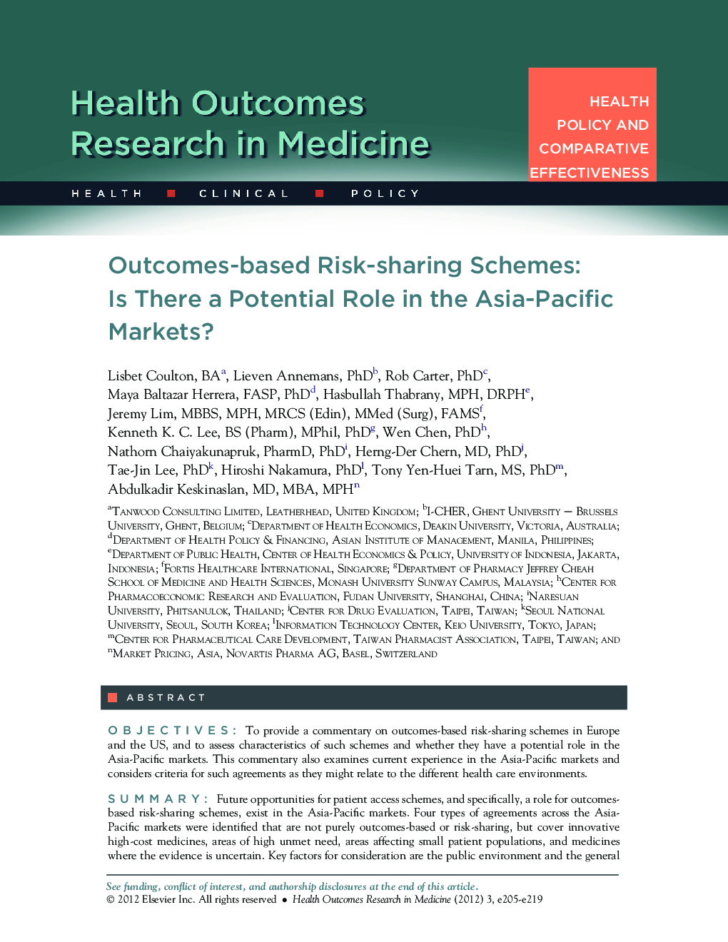 Outcomes-based Risk-sharing Schemes: Is There a Potential Role in the Asia-Pacific Markets? 