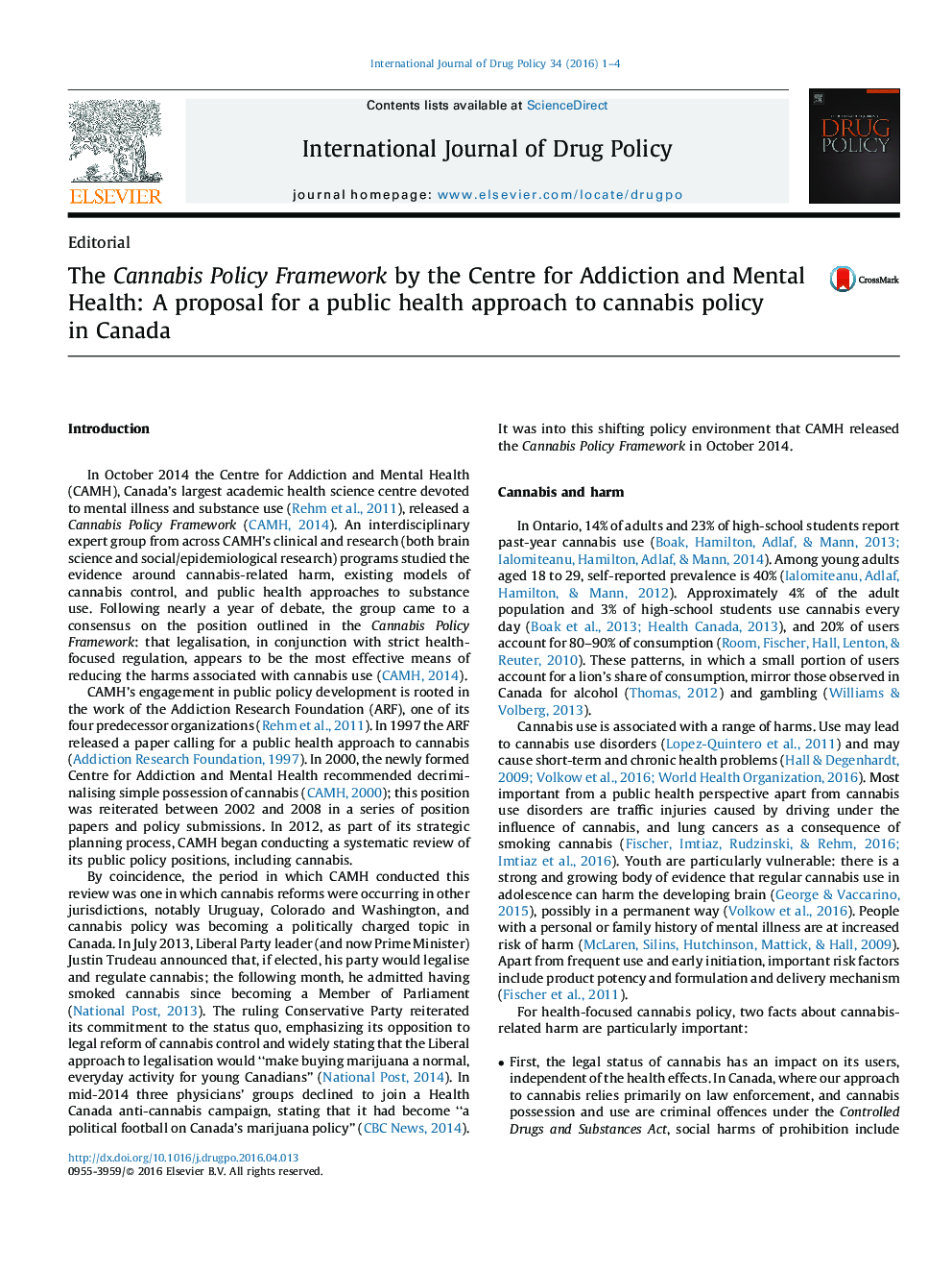 چارچوب سیاست کانابیس توسط مرکز اعتیاد و سلامت روان: پیشنهاد یک رویکرد بهداشت عمومی به سیاست کانابیس در کانادا 