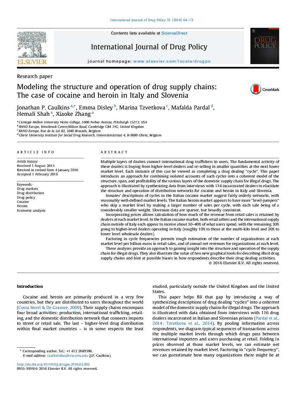 مدل سازی ساختار و عملکرد زنجیره تامین مواد مخدر: مورد کوکائین و هروئین در ایتالیا و اسلوونی