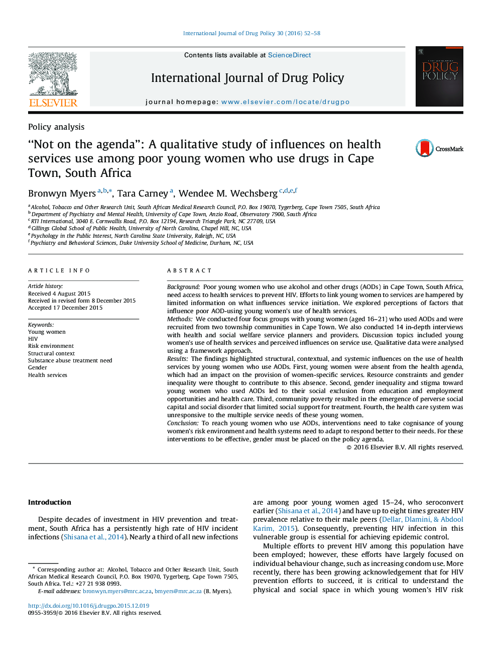 "نه در برنامه": مطالعه کیفی تأثیرات بر استفاده از خدمات بهداشتی در بین زنان فقیر جوان در کیپ تاون، آفریقای جنوبی که از مواد مخدر استفاده می کنند