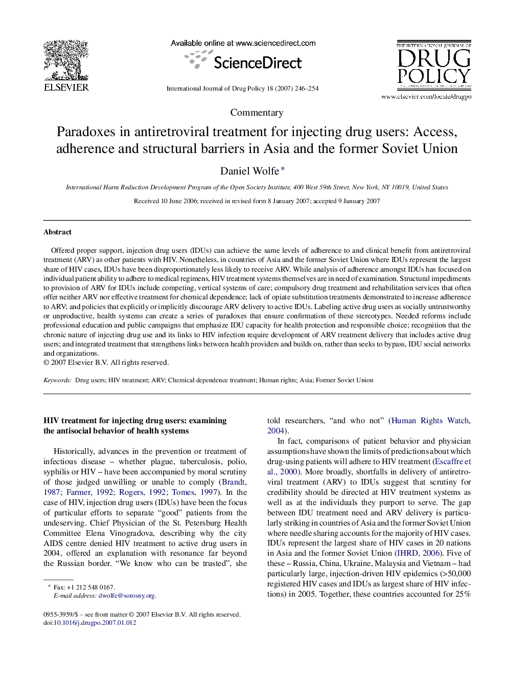 Paradoxes in antiretroviral treatment for injecting drug users: Access, adherence and structural barriers in Asia and the former Soviet Union