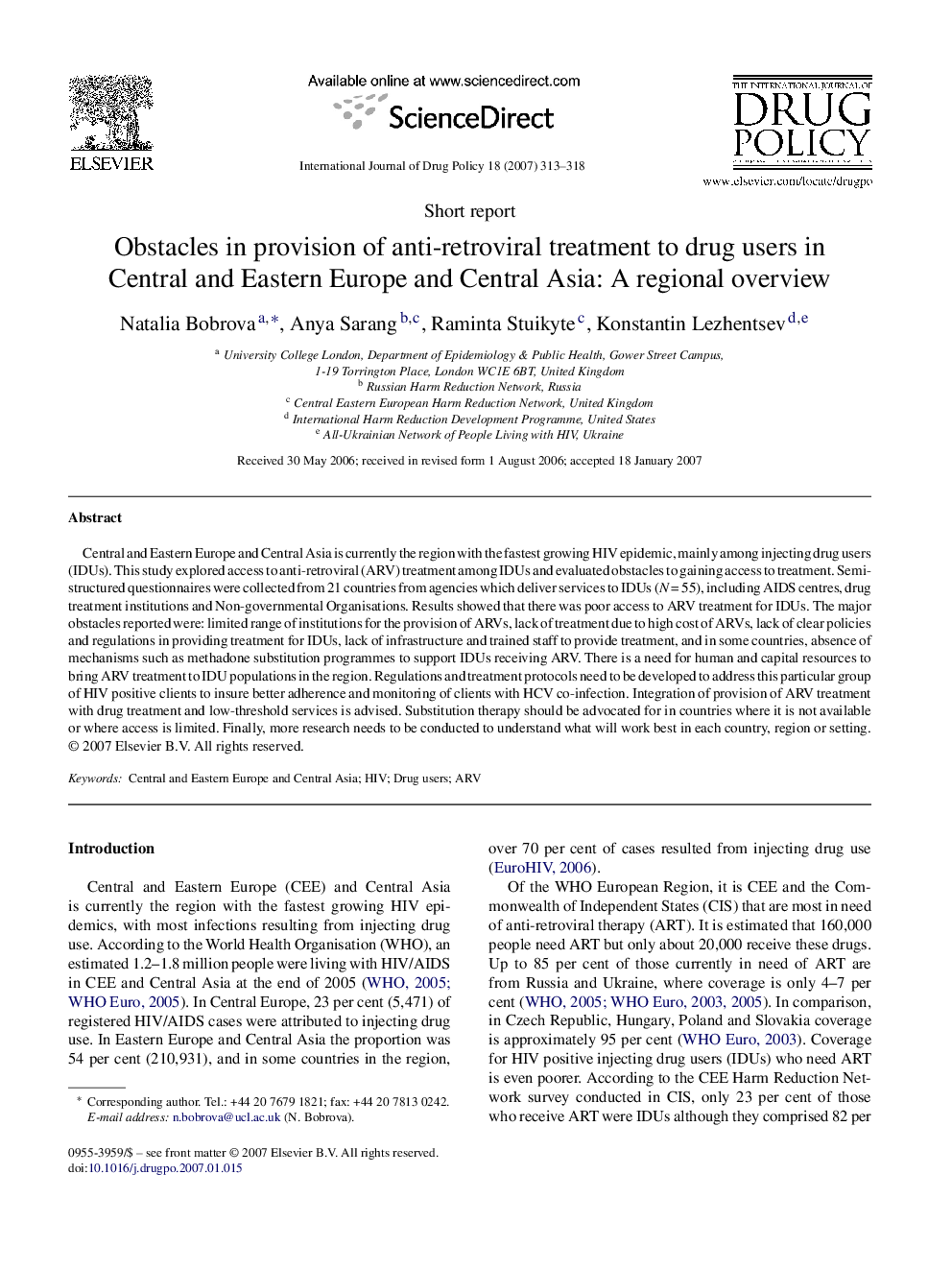 Obstacles in provision of anti-retroviral treatment to drug users in Central and Eastern Europe and Central Asia: A regional overview