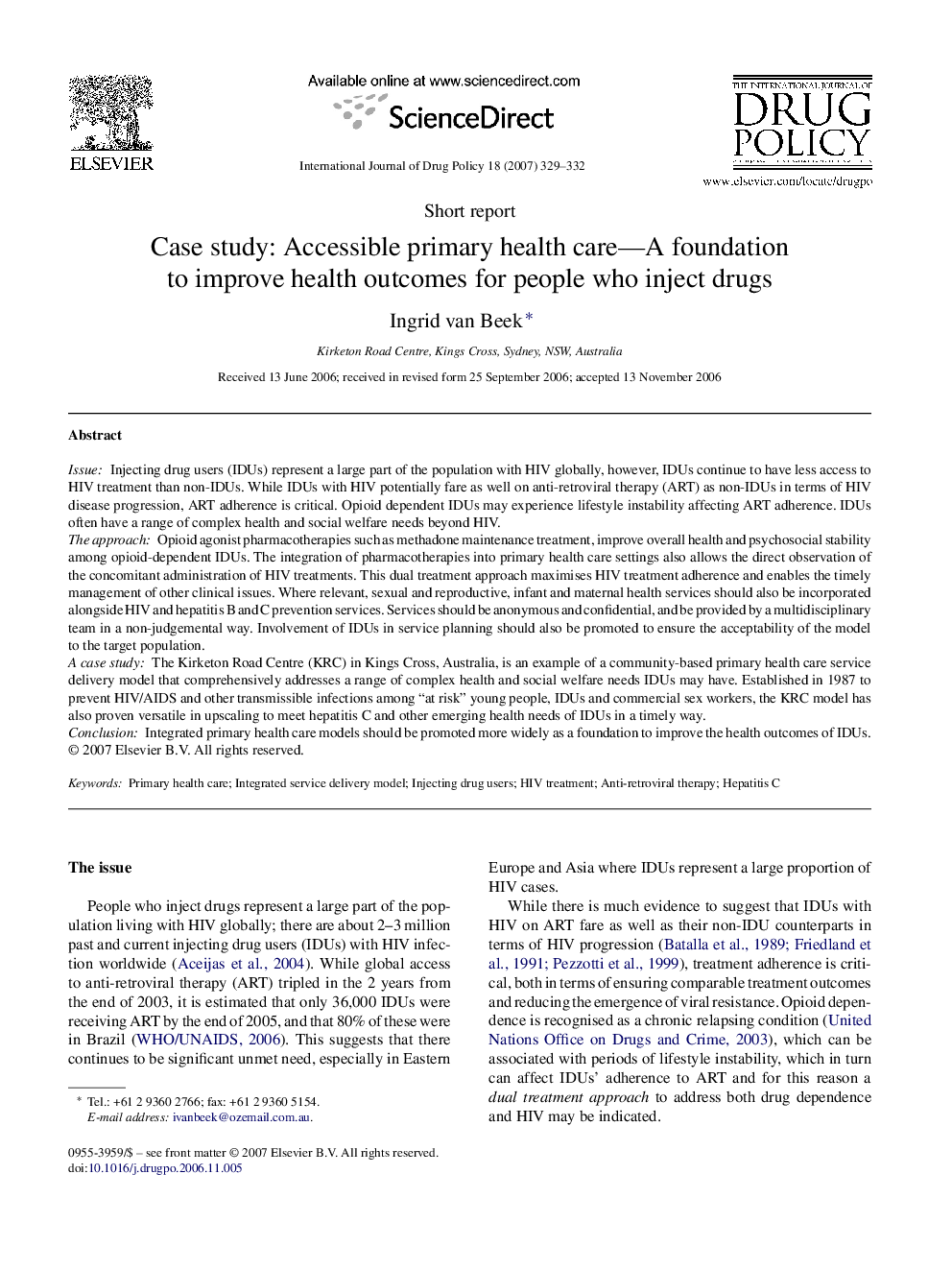 Case study: Accessible primary health care—A foundation to improve health outcomes for people who inject drugs