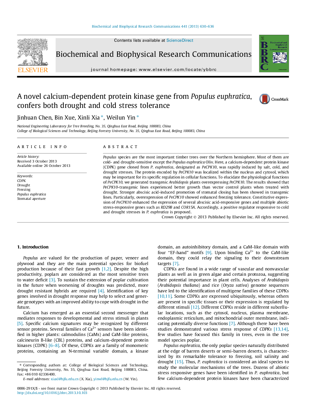 A novel calcium-dependent protein kinase gene from Populus euphratica, confers both drought and cold stress tolerance