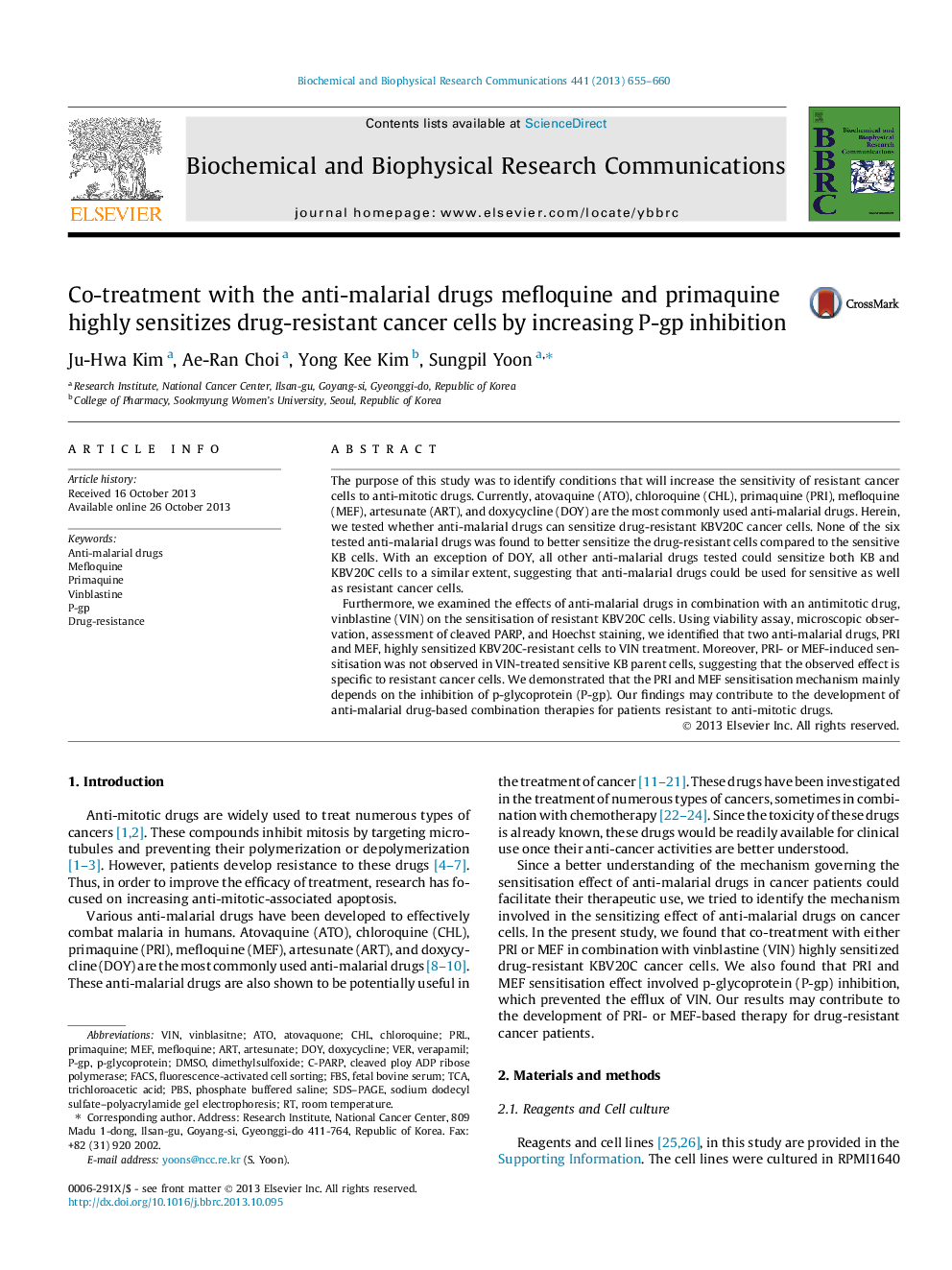 Co-treatment with the anti-malarial drugs mefloquine and primaquine highly sensitizes drug-resistant cancer cells by increasing P-gp inhibition