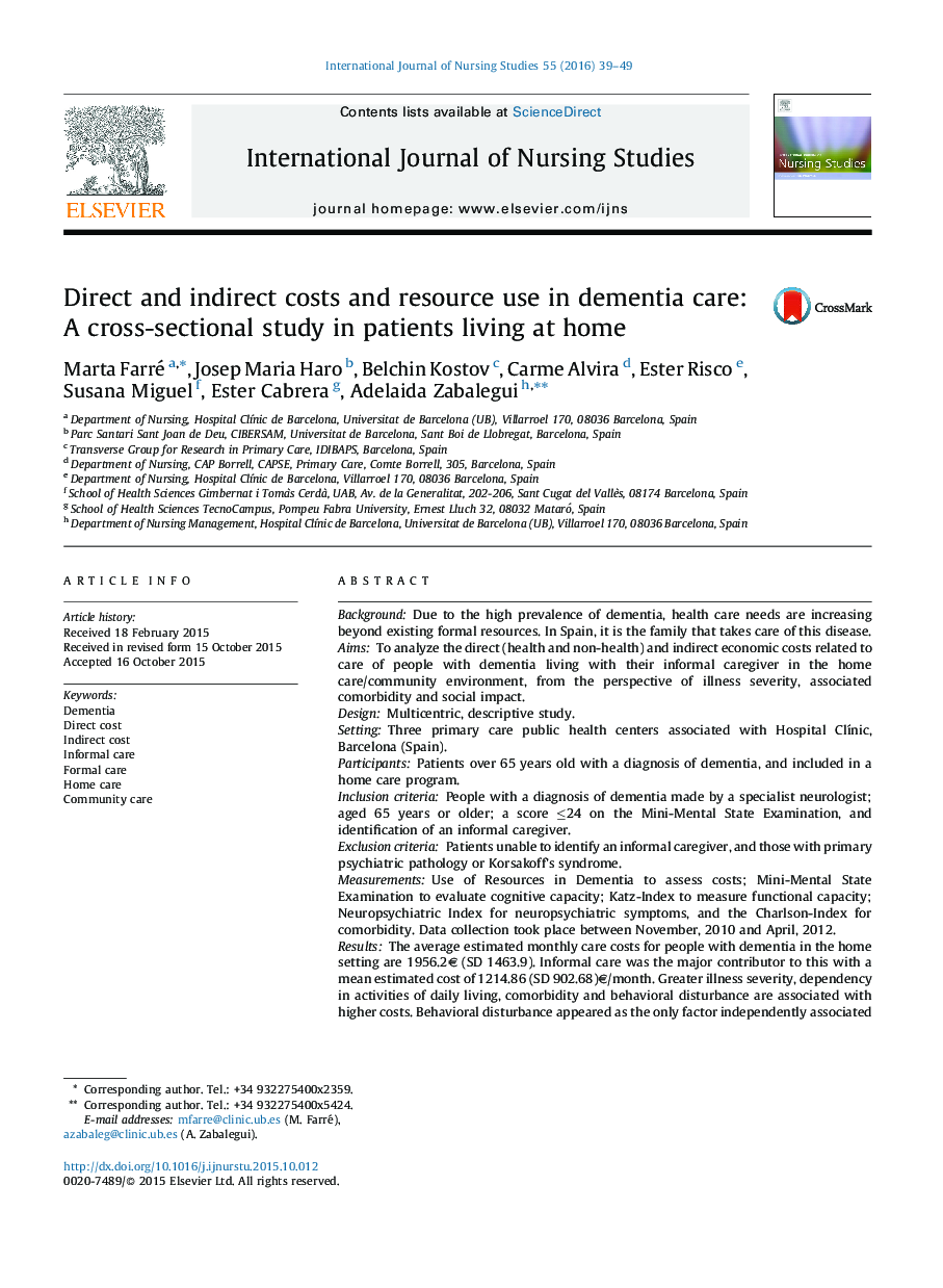 هزینه های مستقیم و غیرمستقیم و استفاده منابع از مراقبت های دمانس: یک مطالعه مقطعی در بیماران زندگی در خانه