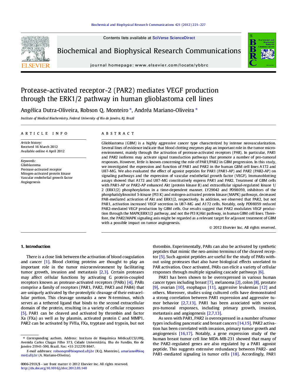 Protease-activated receptor-2 (PAR2) mediates VEGF production through the ERK1/2 pathway in human glioblastoma cell lines