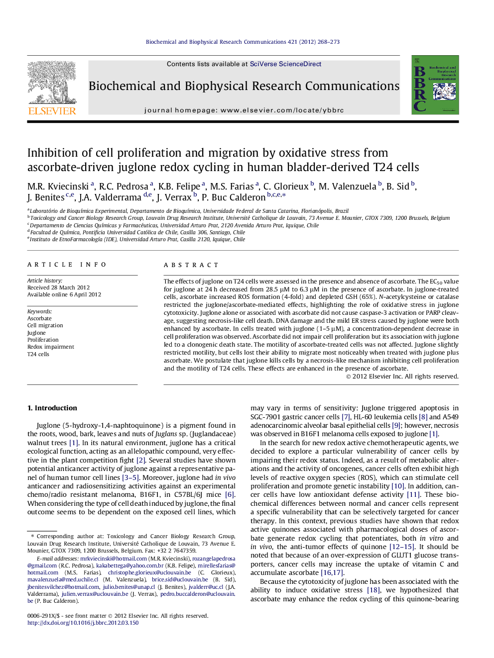 Inhibition of cell proliferation and migration by oxidative stress from ascorbate-driven juglone redox cycling in human bladder-derived T24 cells