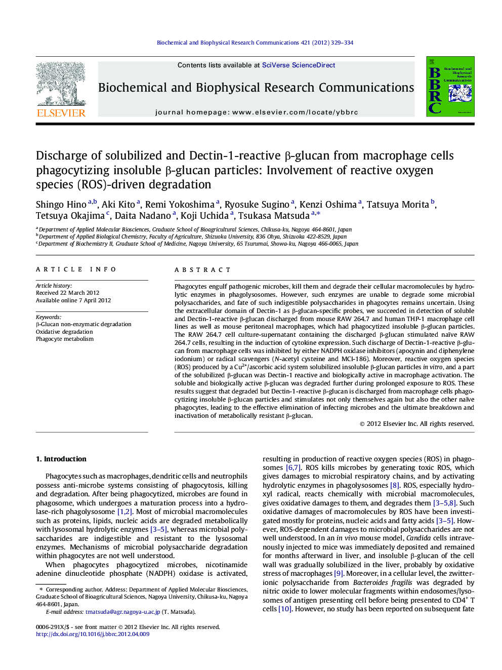 Discharge of solubilized and Dectin-1-reactive Î²-glucan from macrophage cells phagocytizing insoluble Î²-glucan particles: Involvement of reactive oxygen species (ROS)-driven degradation