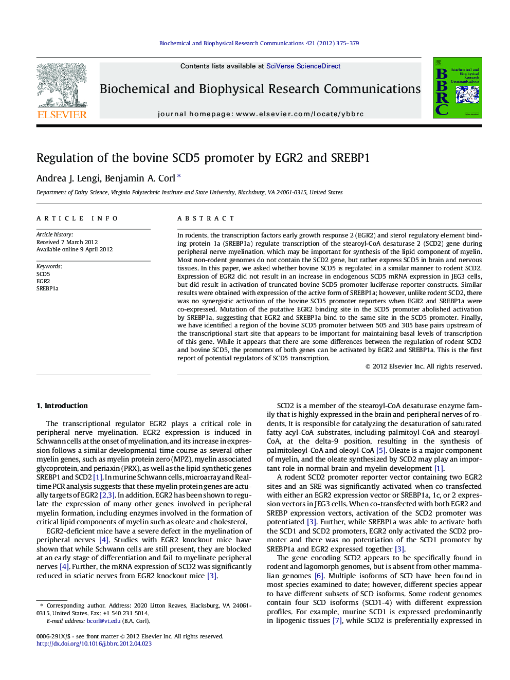 Regulation of the bovine SCD5 promoter by EGR2 and SREBP1