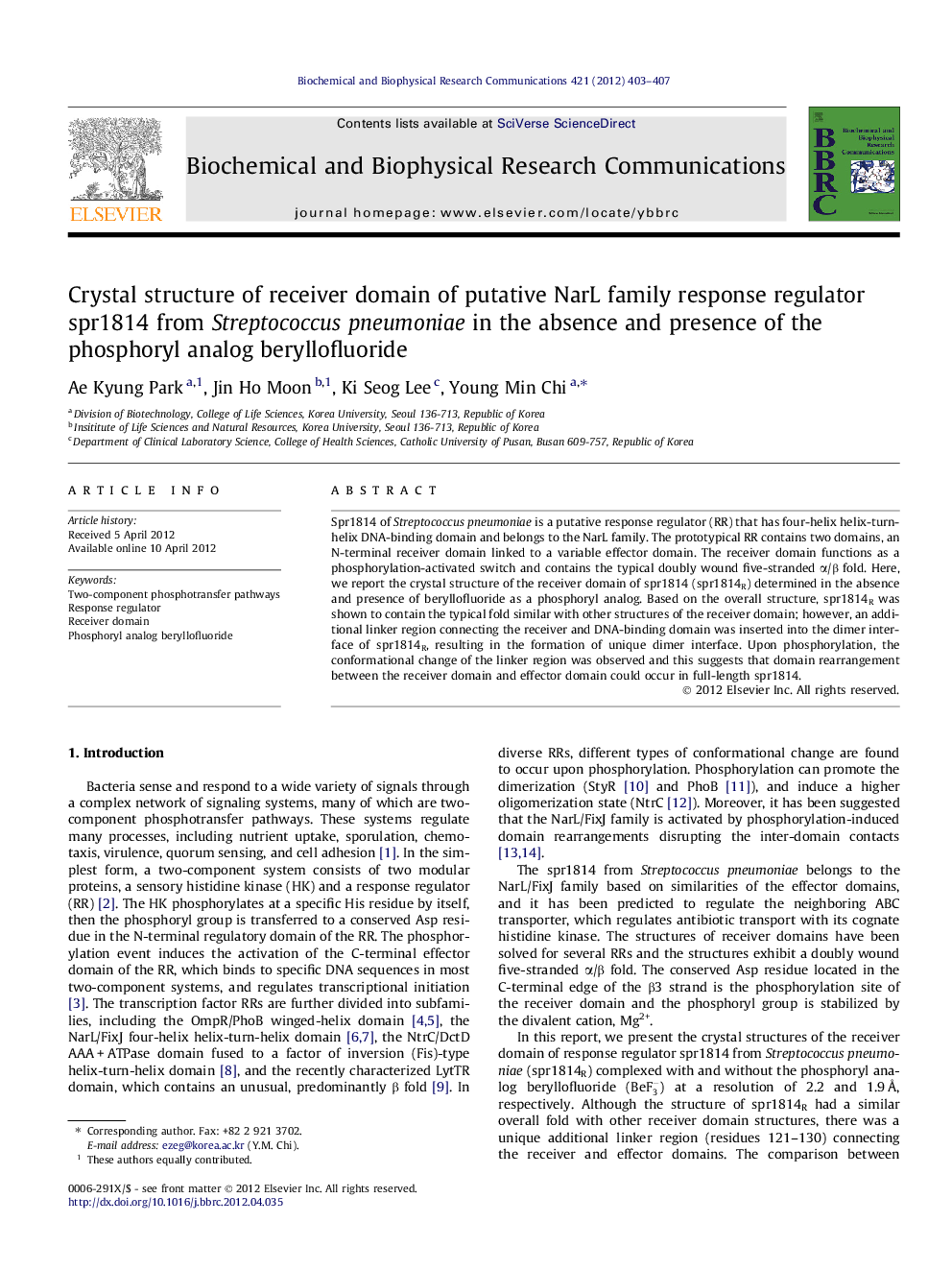 Crystal structure of receiver domain of putative NarL family response regulator spr1814 from Streptococcus pneumoniae in the absence and presence of the phosphoryl analog beryllofluoride