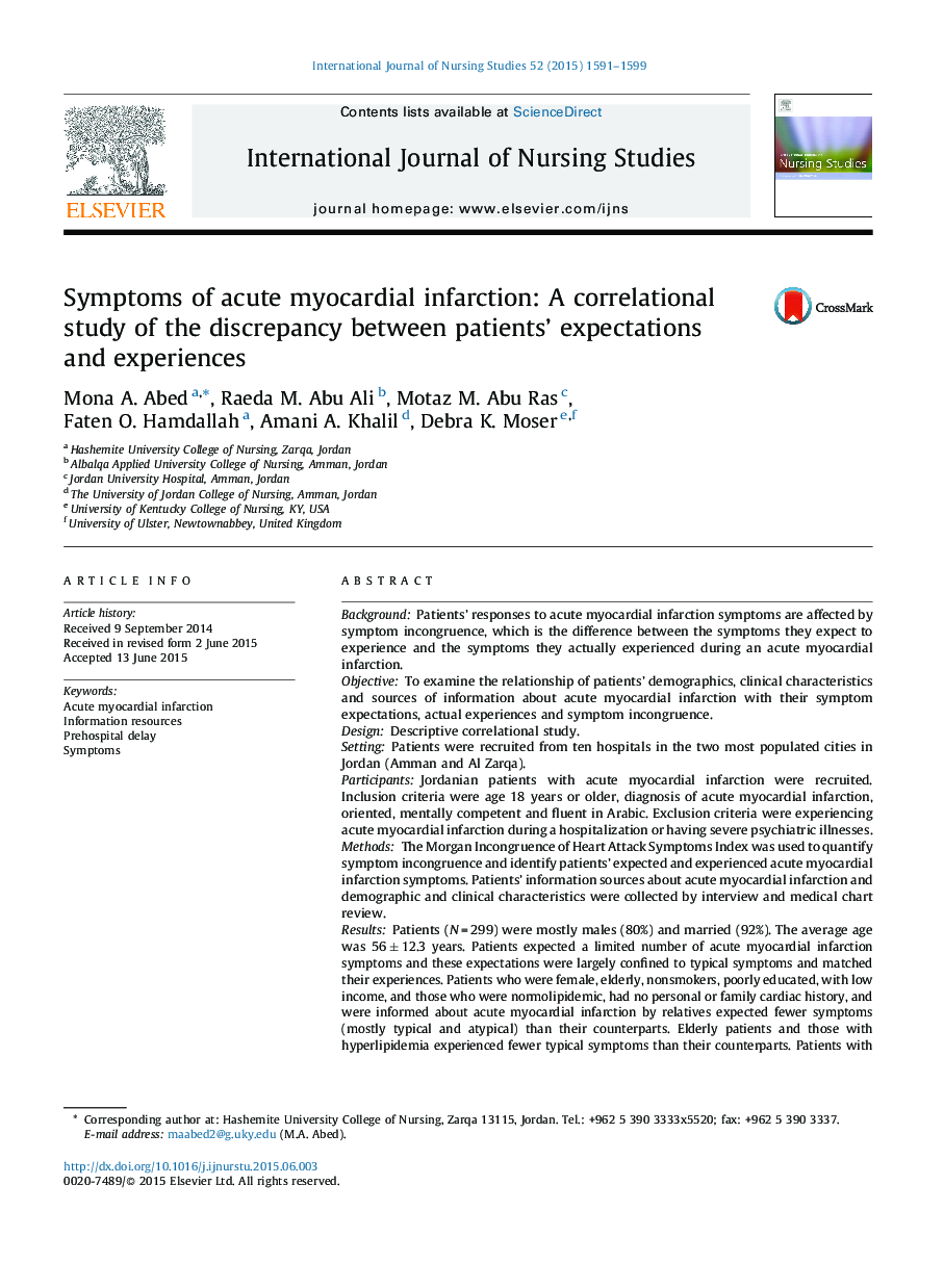 علائم انفارکتوس حاد قلب: یک مطالعه همبستگی بین اختلاف بین انتظارات و تجربیات بیماران