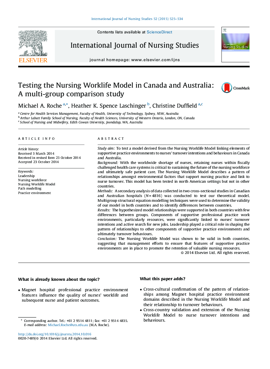 تست مدل مراقبت پرستاری در کانادا و استرالیا: مطالعه مقایسه ای چند گروهی 