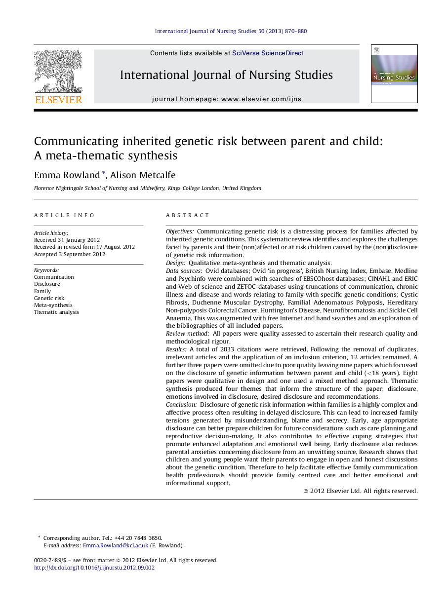 Communicating inherited genetic risk between parent and child: A meta-thematic synthesis